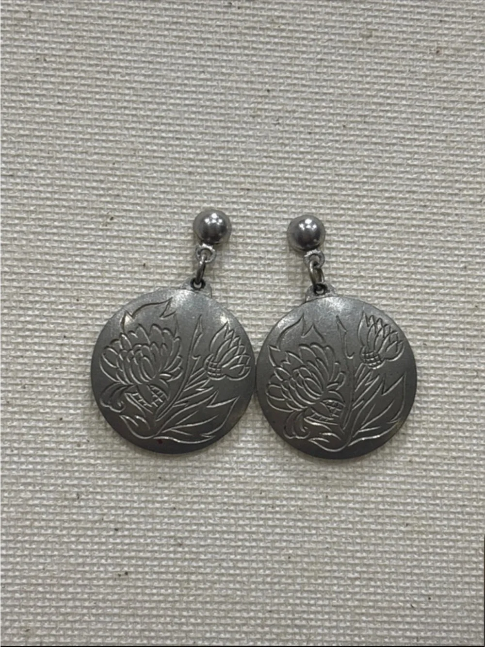 Silver Kirk Pewter Floral engraved Disc Drop Earrings